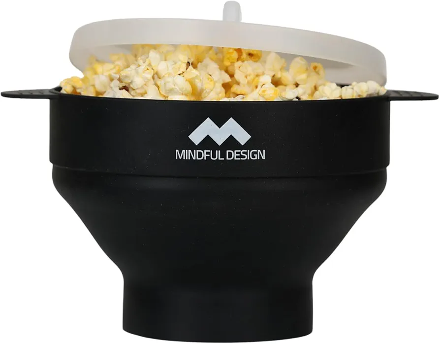The Original Mindful Design Microwave Popcorn Popper - Silicone Bowl, BPA-Free & Dishwasher Safe (Black)