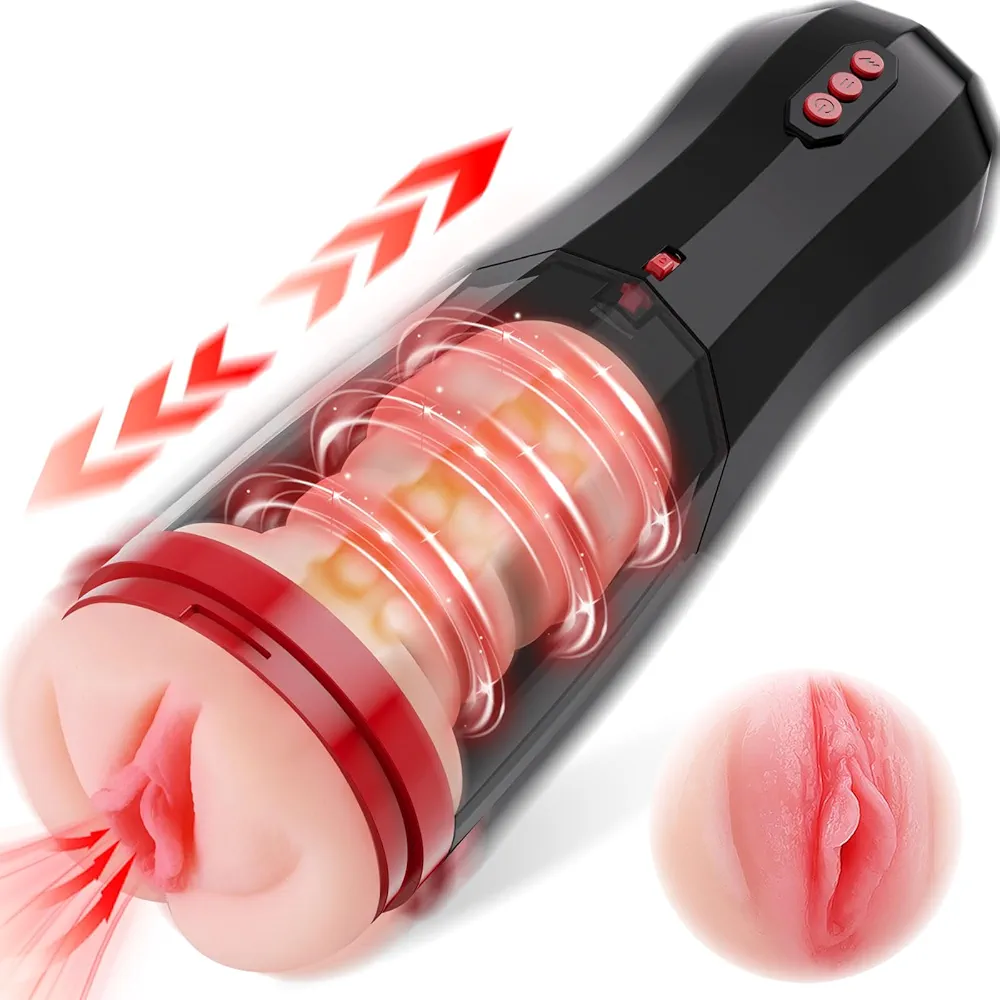 Automatic Male Masturbator Cup with Real Pussy, Pocket Pussy Stroker with 5 Thrusting&10 Vibration, Hands Free Male Sex Toy Adult Toys for Men