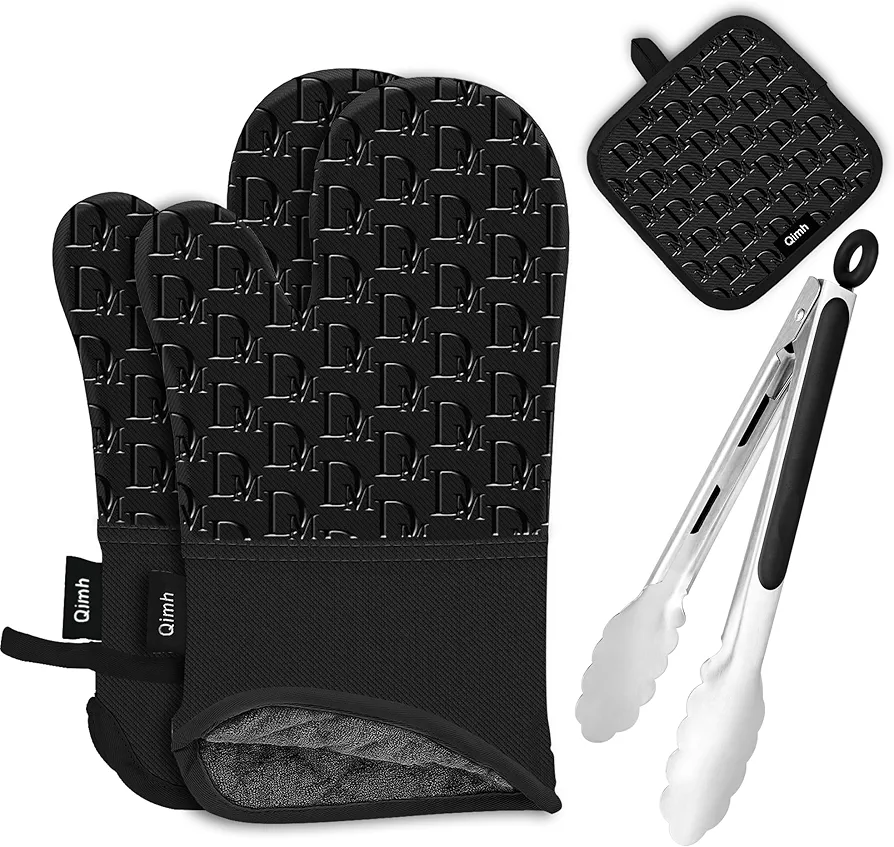 Qimh Oven Mitts and Pot Holders, 4 Pcs Kitchen Oven Mitts Set with Cooking Tongs, High Heat Resistant 500℉ Extra Long Non-Slip Silicone Surface Oven Gloves for Baking, Cooking, BBQ
