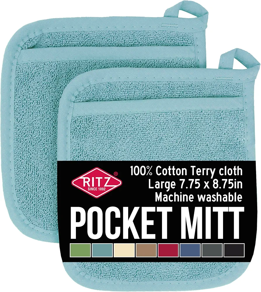 Ritz Terry Pocket Mitt & Hot Pad: Unparalleled Heat Resistant, Durable 100% Cotton – Ergonomically Designed for Optimal Grip – Easy-Care Machine Washable, Perfect for Your Kitchen – Dew, 2-Pk