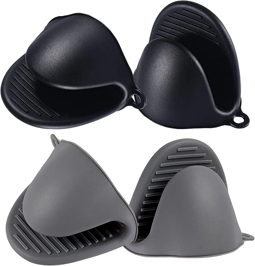 4PCS Silicone Oven Mitts Heat Resistant,Mini Oven Mitts Rubber Oven Glove for Kitchen Frying Cooking Baking BBQ (Black+Grey)