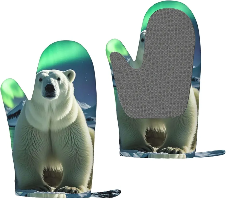 Oven Mitts Set of 2 Silicone Oven Glove for Cooking Northern Lights Polar Bear Oven Mitt Heat Resistant Non-Slip Oven Gloves for Kitchen Grilling Microwave Baking BBQ