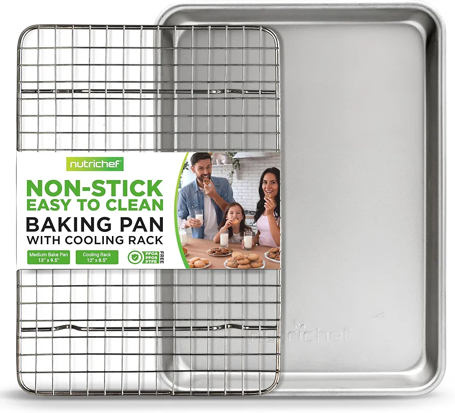 Non Stick Baking Sheets, Cookie Pan Aluminum Bakeware with Cooling Rack, Professional Quality Kitchen Cooking Non-Stick Bake Trays with Silver Coating Inside and Outside, Medium Size
