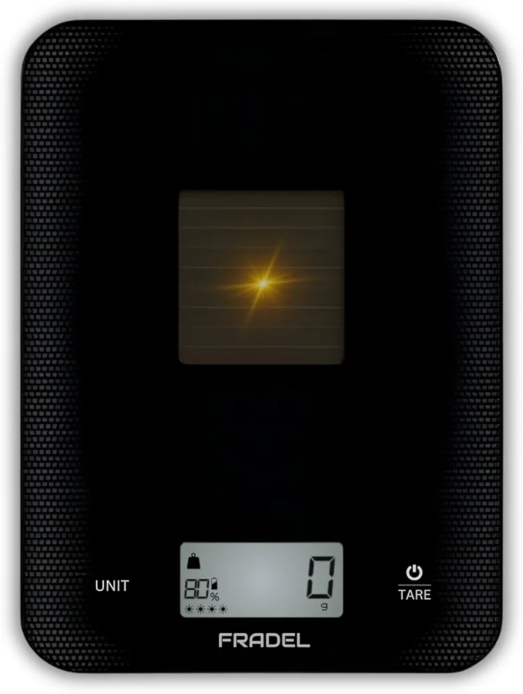 Fradel Solar Food Scale - Energy-Saving, Battery-Free Solar Kitchen Scale for Cooking, Baking & Diet - Recharges in & Adapts to Any Lighting Condition - 1g Accuracy, in Grams & Oz, 33lb Capacity