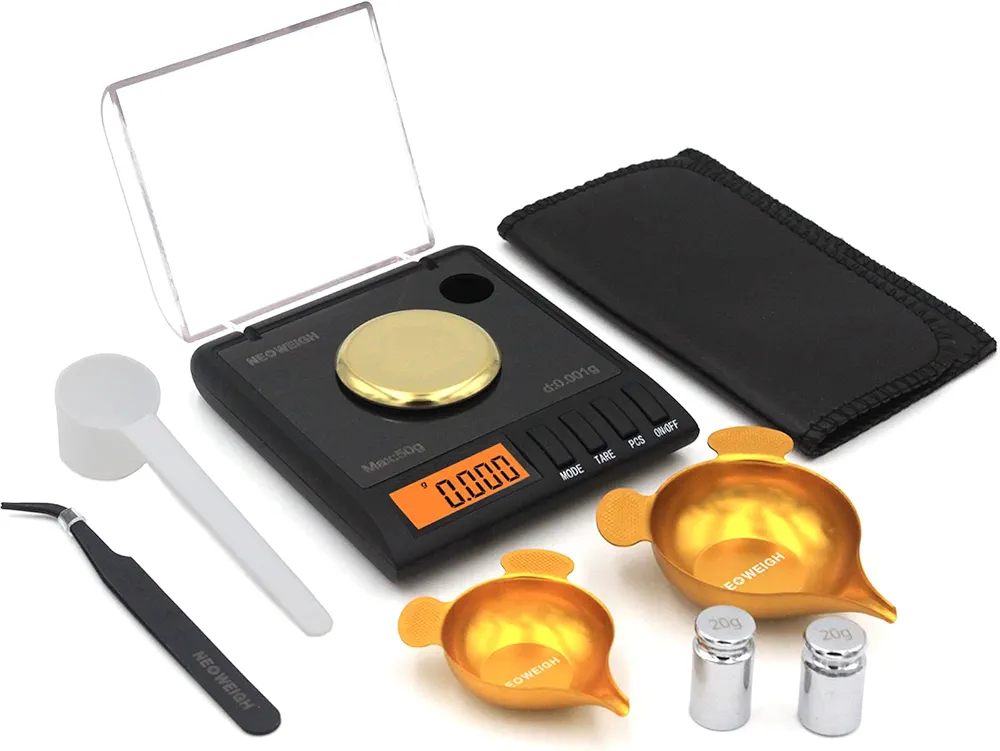 Milligram Scale with Case, High Precision Mg Scale, 2 Metal Powder Pans, 0.001g/50 Grams, Miligramos Scale, Digital Milligrams Scale, 6 Weighing Units, Accurate Powder Scale