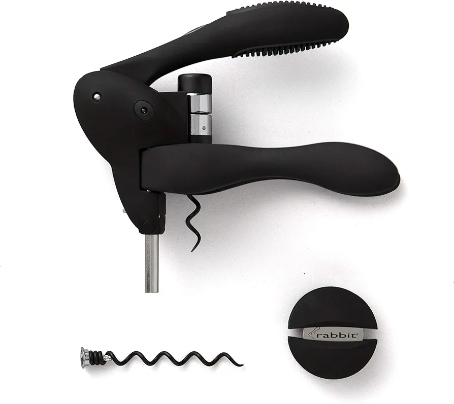 Rabbit W6004N Original Lever Corkscrew Wine Opener with Foil Cutter and Extra Spiral (Black)
