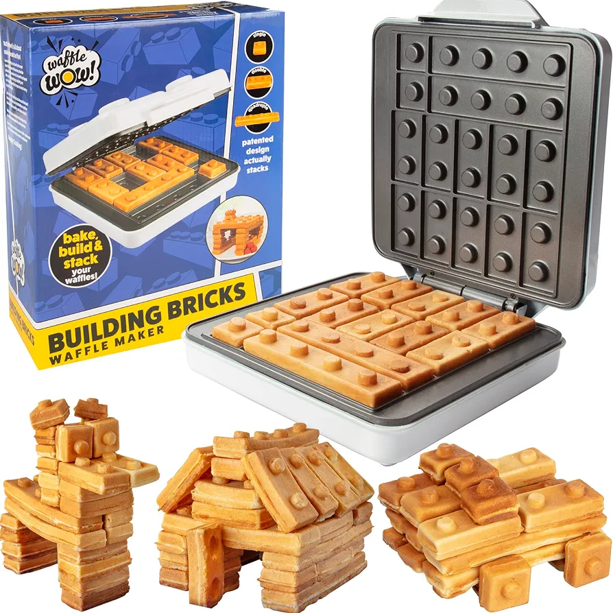 Building Brick Electric Waffle Maker- Cook Fun Buildable Waffles, Pancakes in Minutes- Build Gingerbread Houses, Cars & More Out of Stackable Waffles- Bite Sized for Kids, Nonstick Iron- Fun Xmas Gift
