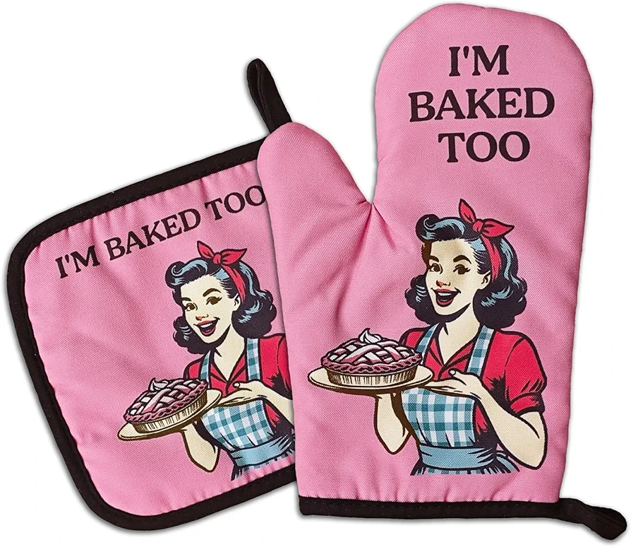Retro Housewife Oven Mitts and Pot Holders（Set of 2） I'm Baked Too Heat Resistant Baking Mitts Silicone Non-Slip Oven Mitts Kitchen Chef Gift Funny Birthday Gift for Women Hostess Mom Friend