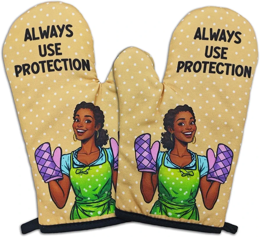 2 Pcs Funny Housewife Oven Mitts Always Use Protection Silicone Non-Slip Heat Resistant Baking Mitts with Hanging Loop Sweet Housewarming Gifts for Women Hostess Chef Cooking Friend Baker