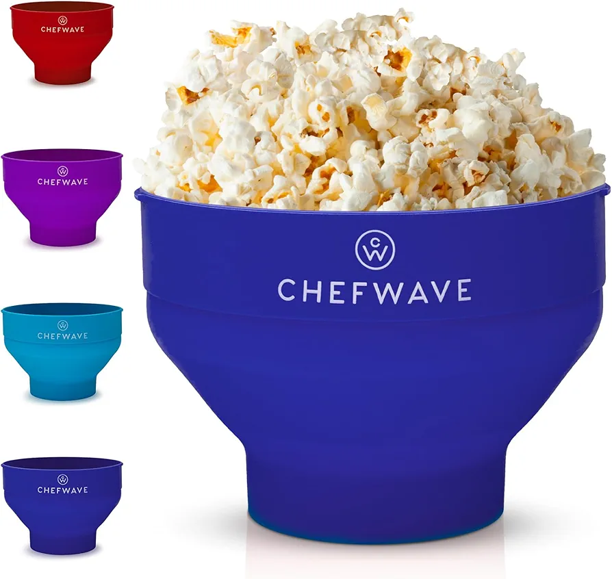 Chefwave Silicone Popcorn Popper (Dark Blue) - Reusable, Collapsible Microwave Popcorn Bowl - Dishwasher Safe