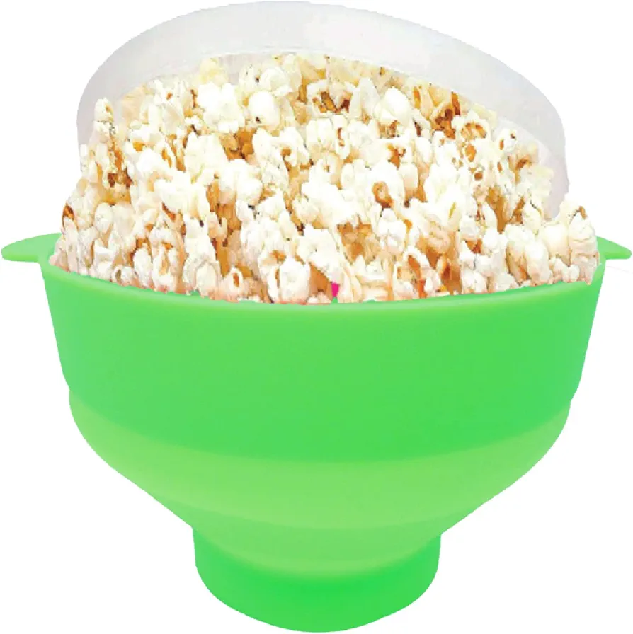 Microwave Popcorn Popper with Lids - Silicone - No Oil or Butter Required - Collapsible Bowls - BPA-Free - Movie Night Supplies - Green