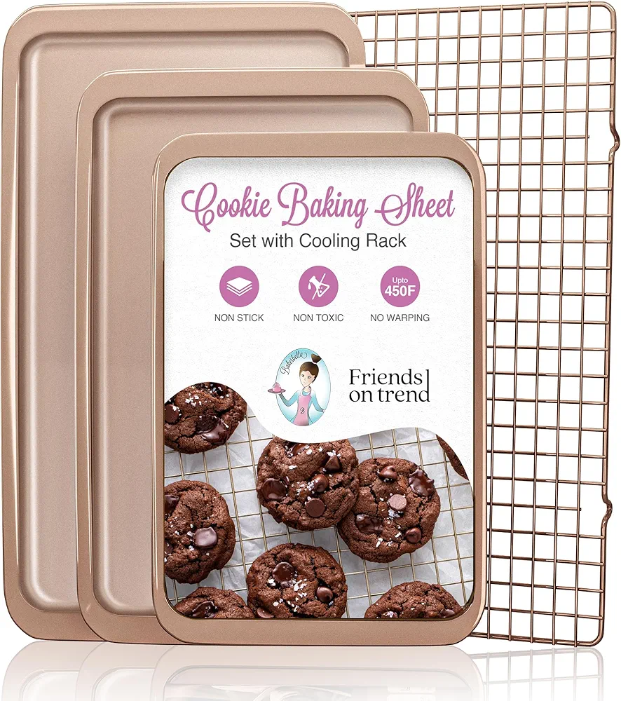 3 Cookie Sheets for Baking + Cooling Rack, Non Stick Baking Sheet Set with Cookie Cooling Rack - Half/Quarter/Jelly Roll Pan with Wire Rack, Sheet Pan Set of 3, Non Toxic Baking Sheets for Oven.