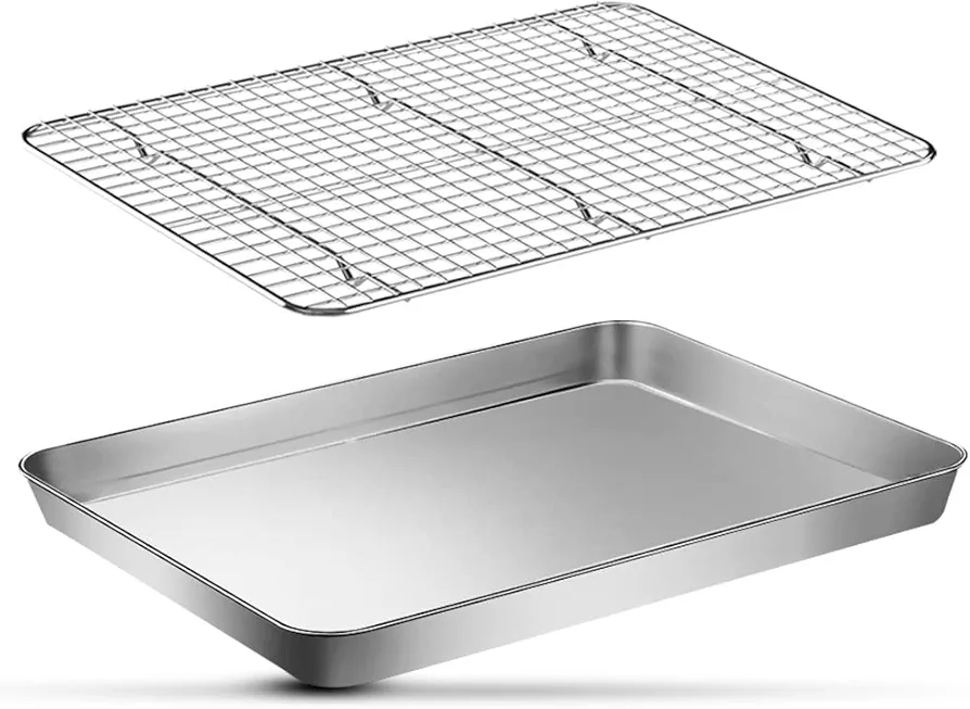 EMDMAK Baking Sheets with Cooling Rack Set, 17.3 x 12.2 x 1 Inch Stainless Steel Cookie Sheet and Wire Rack for Baking, Dishwasher Safe