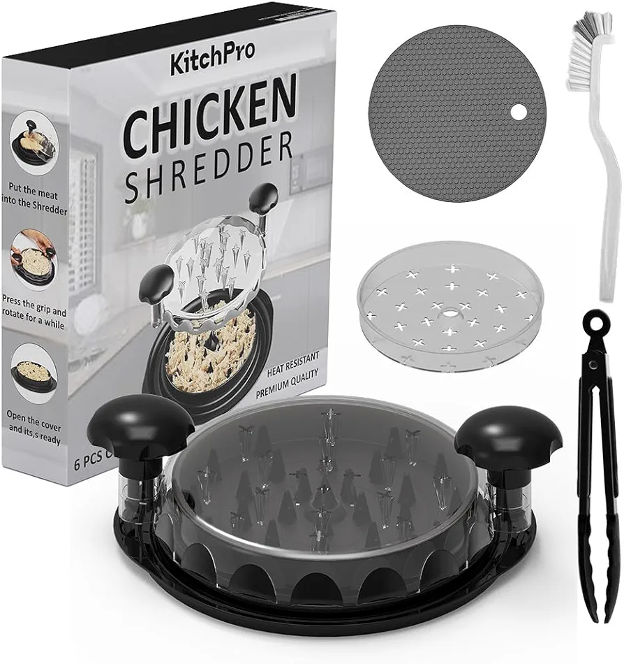 Chicken Shredder with Brush & Tong Anti-Slip, Large Chicken Shredder Bowl with VisibaleTray Chicken Shredder Machine BPA Free Chicken Shredder Tool Twist For all kinds of Cooked Meat & Salad