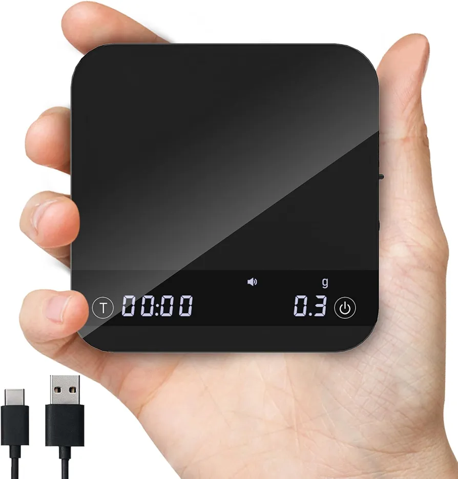 Mini Coffee Scale with Auto Timing, Rechargeable Espresso Scale with Timer, 2kg/0.1g High Precision Scale for Espresso and Pour-Over Coffee with Brewing Assist Modes