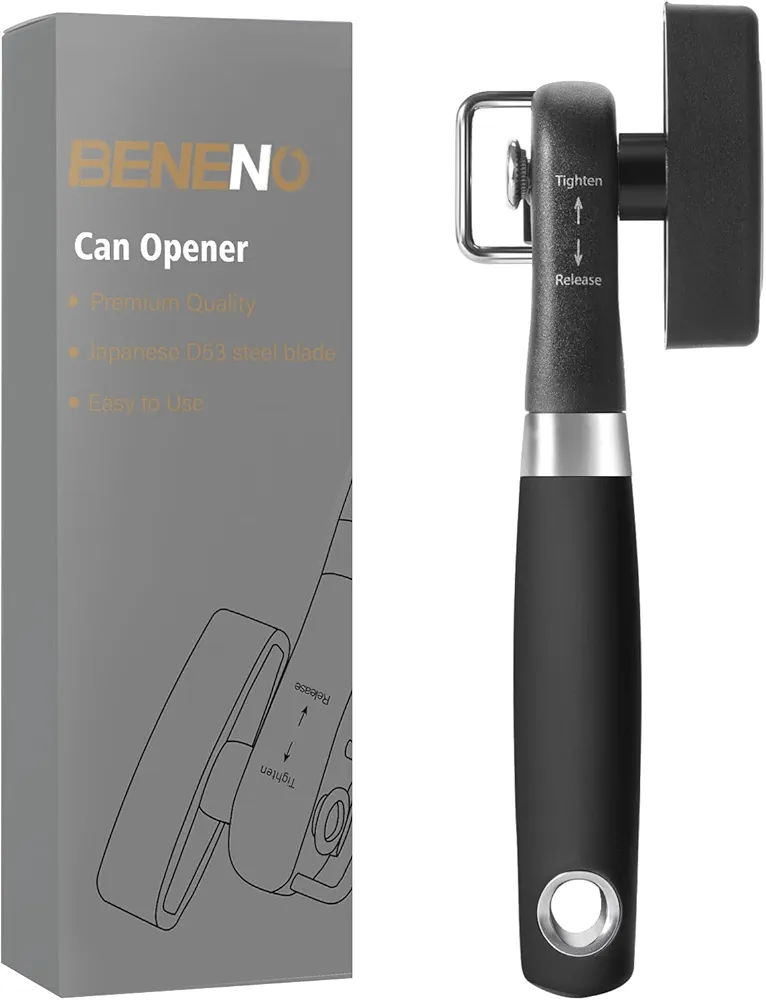 Can Opener Smooth Edge, Side Cut Can Opener Manual with Durable Sharp Blade, Safe Cut Manual Can Opener with Non-Slip Rubber Knob, Side Can Opener with Comfortable Grip Handle, Black
