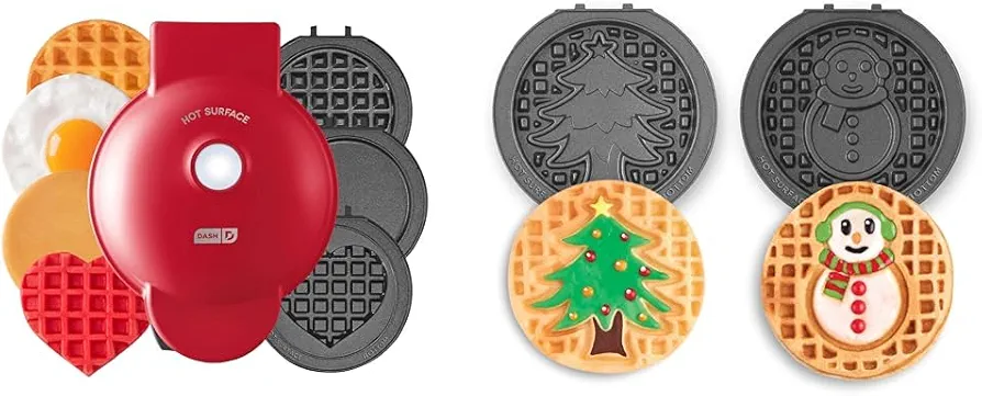 Bundle of DASH Multimaker Mini System - Waffle Maker with Five 4” Removable Plates: + Two 4” Nonstick Removable Waffle Plates Set (Snowman & Tree)