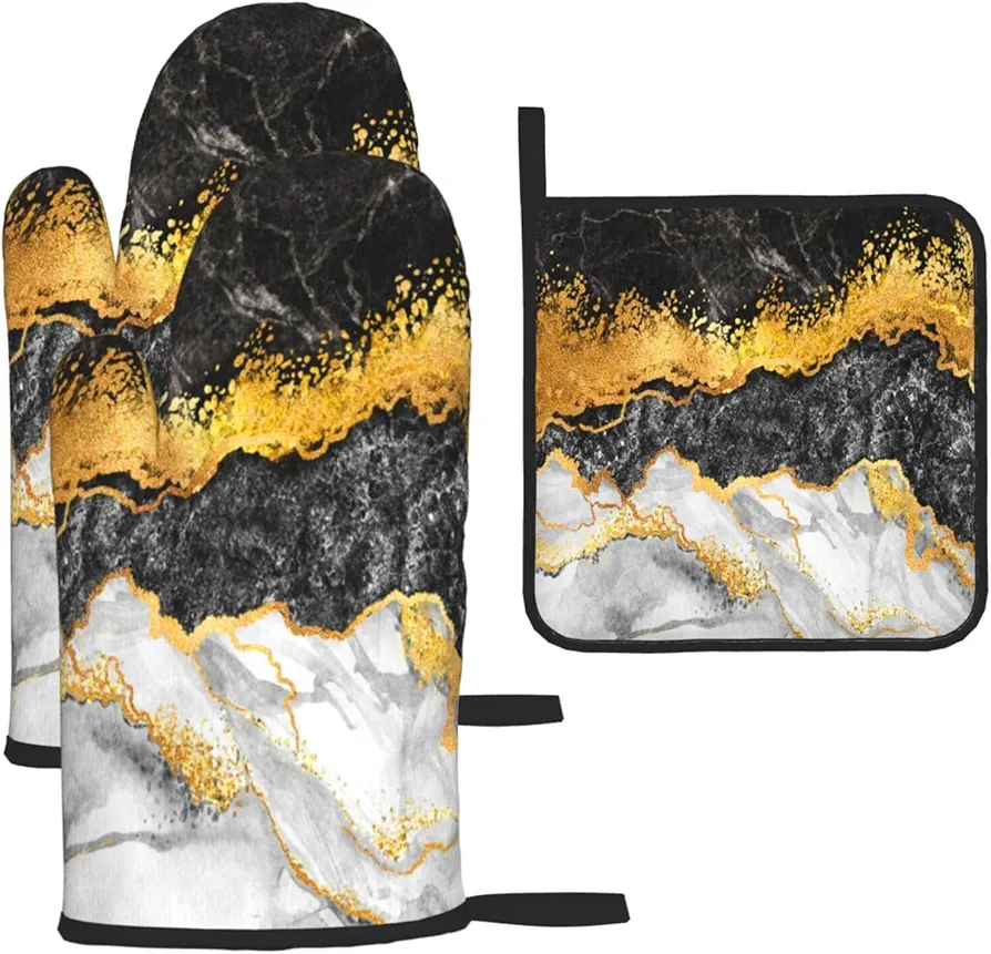 Marble Texture Decorative Oven Mitts and Pot Holders Sets of 3 Black Gold and Grey Hot Pads Oven Gloves Heat Resistant Non Slip Washable for Kitchen Cooking Grilling Baking