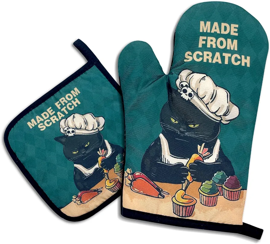 Made from Scratch,Funny Oven Mitts and Pot Holders,Silicone Non-Slip Oven Mitts,Cat Oven Mitts,Cat Lover Gift,Cat Mom Gifts,Cooking Baking BBQ Gifts
