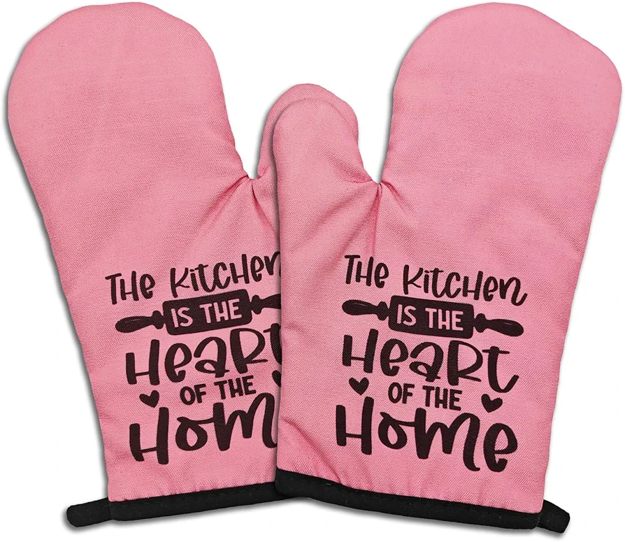 2 Pcs Funny Pink Oven Mitts The Kitchen is The Heart of The Home Silicone Non-Slip Heat Resistant Oven Mitts for Kitchen Decor Sweet Housewarming Gifts for Women Men Chef Friend Baking Lover
