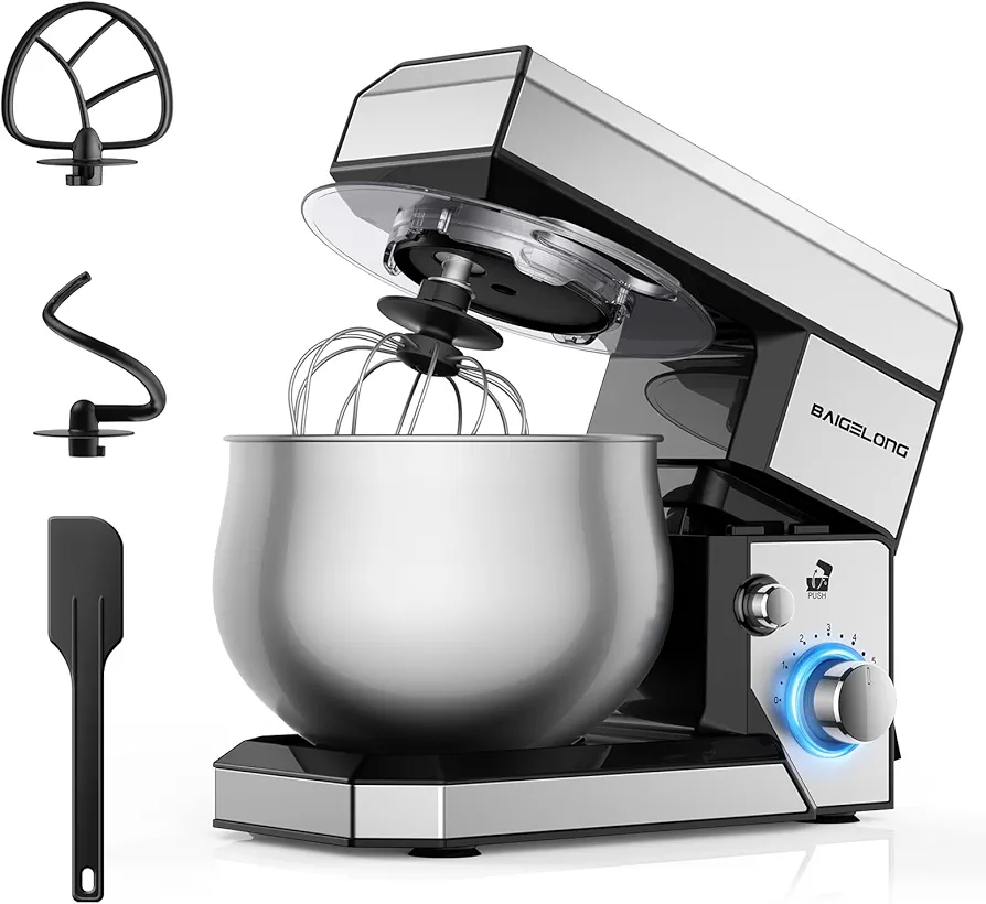 6+P Speeds Stand Mixer, 4.2QT Small Food Mixer with Stainless Steel Bowl, Dough Hook, Beater, Whisk & Scraper, Electric Kitchen Mixer Dough Mixer for Baking, Most Home Cooks, Silver