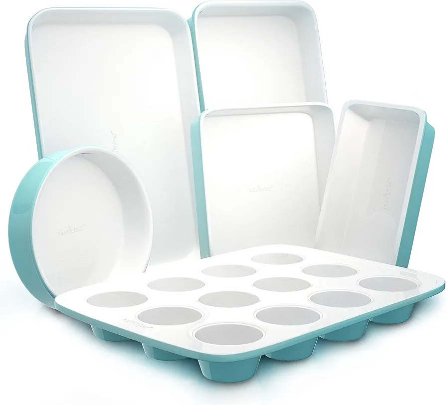 NutriChef 6-Piece Baking Pan Set, Premium Carbon Steel Bakeware with Durable Ceramic Non-Stick Coating - Includes Wide Baking Pan, Medium Size Cookie Sheet, Muffin Pan, Cake & Loaf Pan - Turquoise