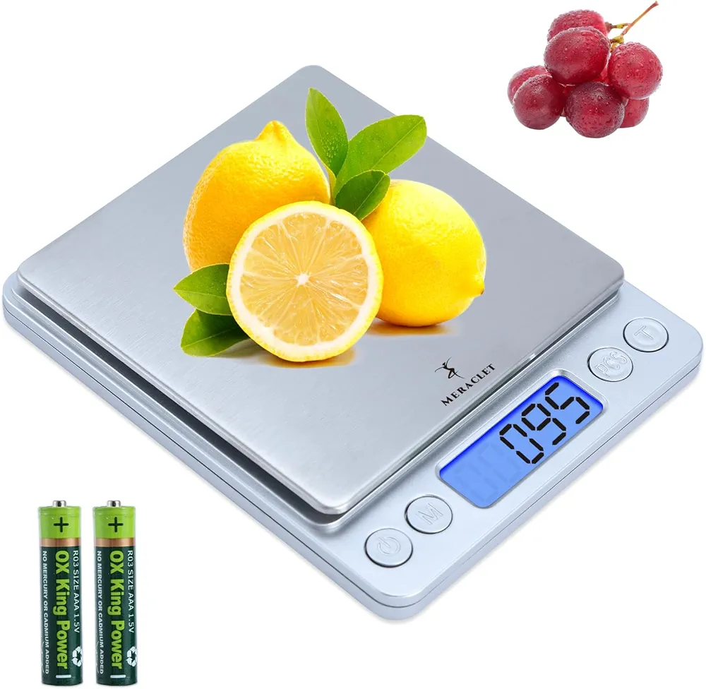 Food Scale - Digital Kitchen Scale Grams and Ounces for Cooking Baking Jewelry - Smart Precision Counting Weighing Scale for Food with 2 Trays 3000g/0.1g LCD Display (Batteries Included)