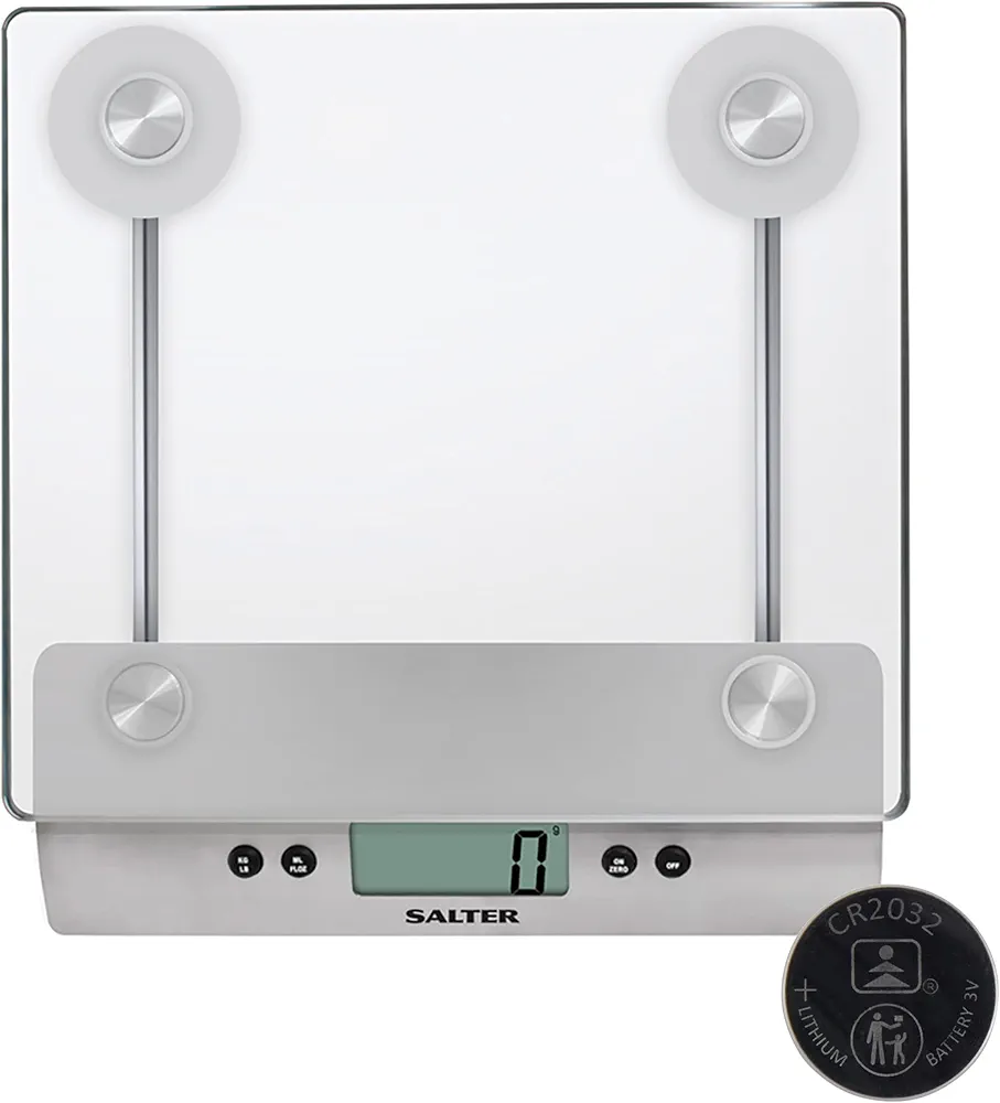 Salter 3003 SSSVDR08EU16 Kitchen Weighing Scale – Digital Glass Food Scales, Weighs Liquids/Fluids, Easy Read LCD Display, Metric/Imperial Measures, Tare Function, 5KG Capacity, Battery Included