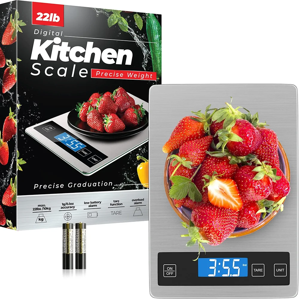 Digital Kitchen Scale (Up to 22lb), Kitchen Scale for Food Ounces and Grams, Food Scales for Kitchen and Food Scale for Weight Loss, Water Resistant and Sleek Digital Kitchen Scale (Stainless Steel)