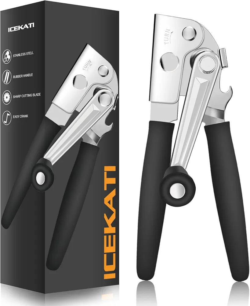 Commercial Can Opener, ICEKATI Can Opener Manual Heavy Duty Easy for Big Cans with Magnet, Folding Hand Crank Can Opener With Comfortable Long Handles, Smooth Edge Can Opener With Carbon Steel Blade