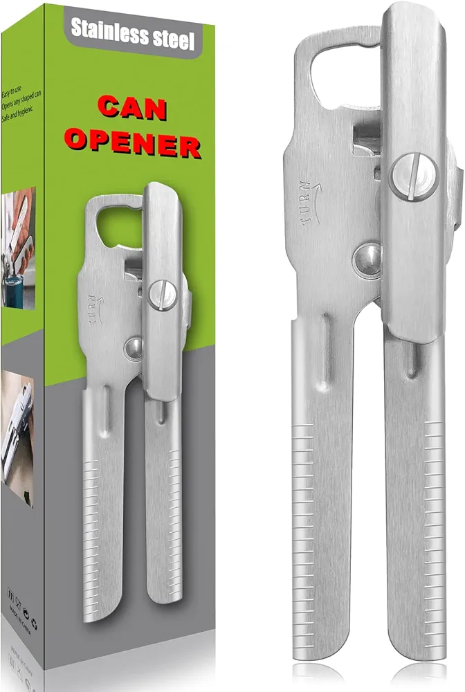 Can Opener Heavy Duty Stainless Steel Manual Can Opener Oversized Easy Turn Knob Sharp Cutting Wheel Good Grips with Built-in Bottle Opener