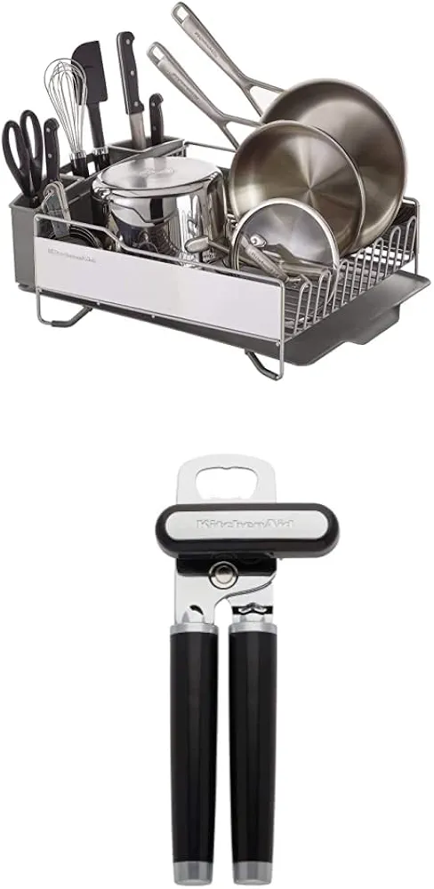 KitchenAid Full Size Dish Rack, Light Grey & KitchenAid Classic Multifunction Can Opener/Bottle Opener, 8.34-Inch, Black