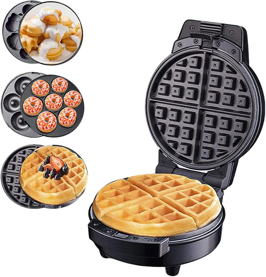 Mini Waffles Maker with 6 Removable Plates, 3 in 1 Small Waffle Maker Mini- Waffle, Cartoon Waffle, Donut, 7.4" Non Stick Waffle Iron for Kids and Families, Black
