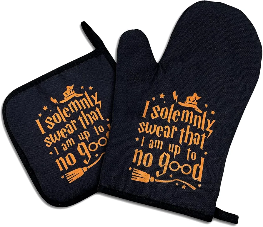 I Solemnly Swear That I am Up to No Good,Funny Oven Mitts and Pot Holders Sets of 2,Silicone Non-Slip Oven Mitts,Kitchen Gift for Men Women