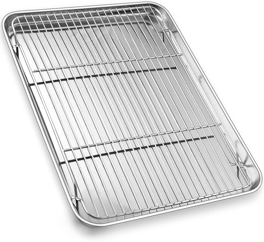 17.5 Inch Large Baking Sheet and Rack Set, P&P CHEF Half Stainless Steel Cookie Sheet Baking Pan with Cooling Rack for Cooking/Roasting, Non-Toxic & Bake Evenly, Oven & Dishwasher Safe