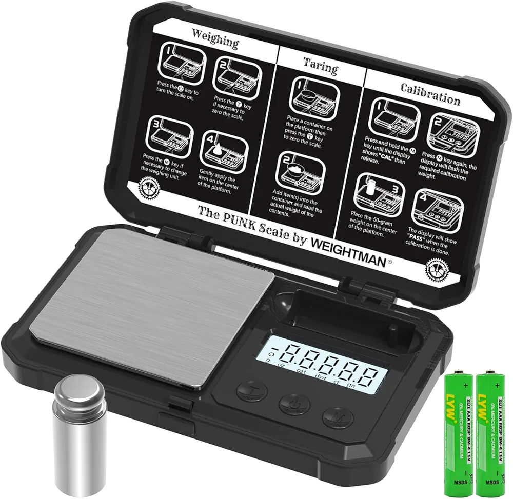 WEIGHTMAN Gram Scale, 200/0.01g Black Scale, Scales Digital Weight Grams with 50G Calibration Weight, Digital Pocket Scale Gram and OZ, Small Digital Scale 6 Units, Large LCD Screen, Battery Included