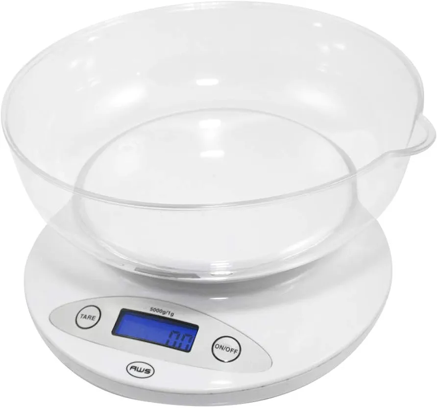 American Weigh Scales Digital Kitchen Bowl Scale, Backlit LCD Display, Auto Off Function, Removable Bowl Design White5KBOWL-WT