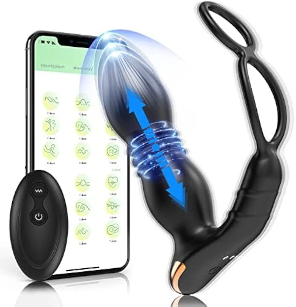 Thrusting Anal Vibrator Prostate Massager with Penis Ring- Vibrating Dildo Anal Toy Butt Plug with 9 Thrust & Vibration Modes, APP Male Adult Anal Sex Toy for Men, Couple Sex Toys