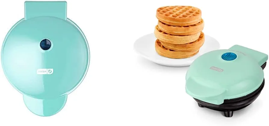 Dash DMG8100AQ 8” Express Electric Round Griddle, Aqua & DMW001AQ Mini Maker for Individual Waffles, Hash Browns, Keto Chaffles with Easy to Clean, Non-Stick Surfaces, 4 Inch, Aqua