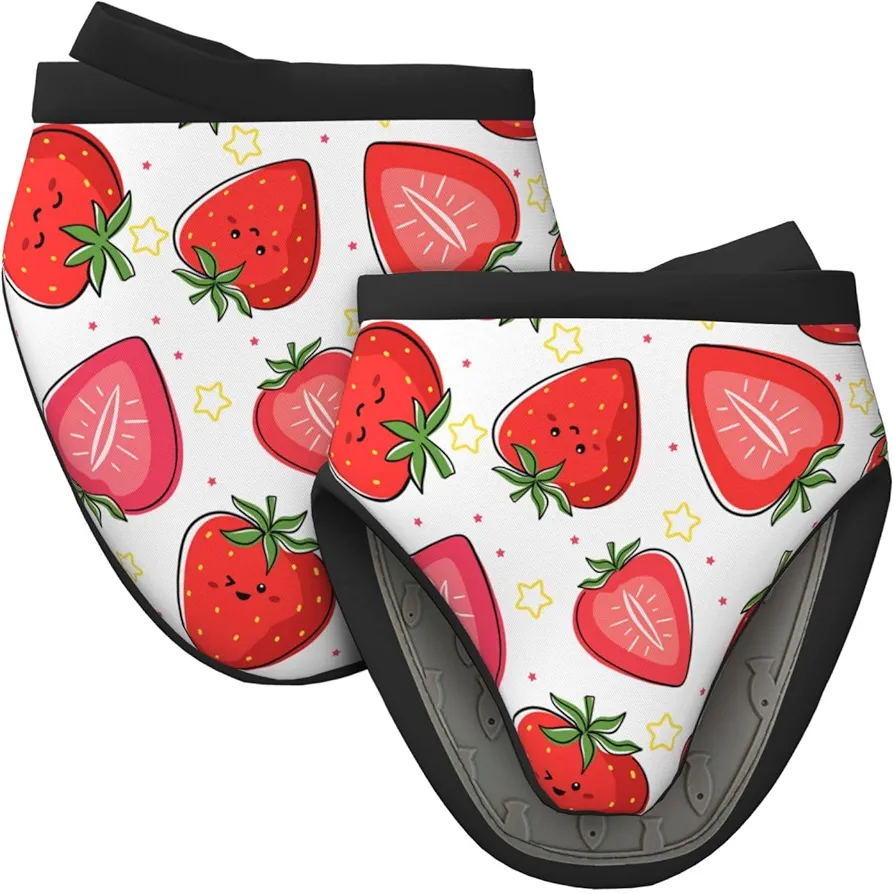 Cute Strawberry Silicone Oven Mitts Pair Non-Slip Oven Mitt Set 5.9x5.9in Kitchen Oven Mitts Heat Resistant Soft Oven Mit Oven Gloves for Cooking Baking Gifts for Women Men