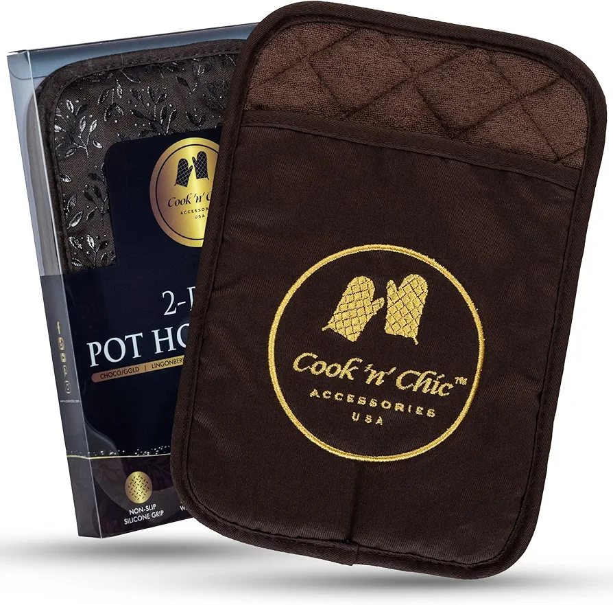Premium Pot Holders - Heat Resistant - Non Slip Textured Silicone Grip - Washable Mittens for Cooking Baking - Flexible Soft Terry Cloth Cotton Lining - Set of 2 by Cook'n'Chic