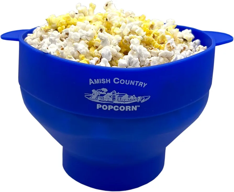 Amish Country Popcorn | Collapsible Silicone Microwave Popper with Customized ACP Logo | BPA and PVC Free Popcorn Bowl with Handles | Dishwasher Safe | Includes 2-2 oz Bags of Kernels (Blue)