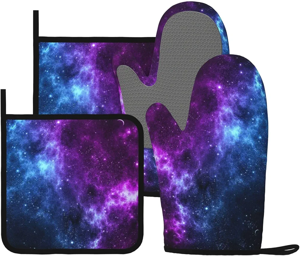 Cool Blue Purple Galaxy Oven Mitts and Pot Holders Sets of 4, Heat Resistant Silicone Oven Mittens and Potholders Gloves Hot Pads for Kitchen Cooking Baking Grilling BBQ Chef