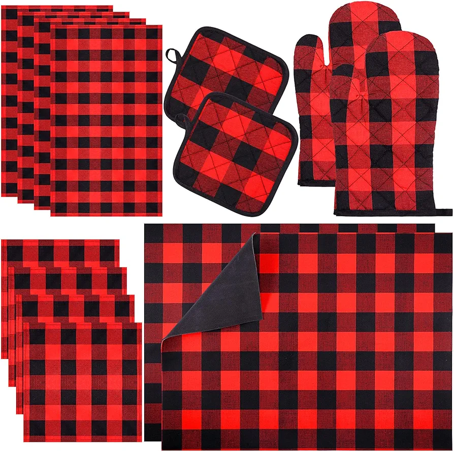 14 Pcs Oven Mitts Kitchen Towels Dishcloths Pot Holders and Dish Drying Mat Set Dish Towels Oven Gloves Pads Kitchen Counter Mat for Cooking Grilling Baking Christmas(Black and Red)