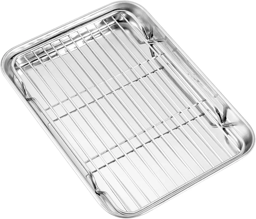 Small Baking Sheets with Rack, HOHUNGF Mini Cookie Sheets and Nonstick Cooling Rack & Stainless Steel Baking Pans & Toaster Oven Tray Pan, Rectangle Size 9.4 x 7x 1 inch & Non Toxic