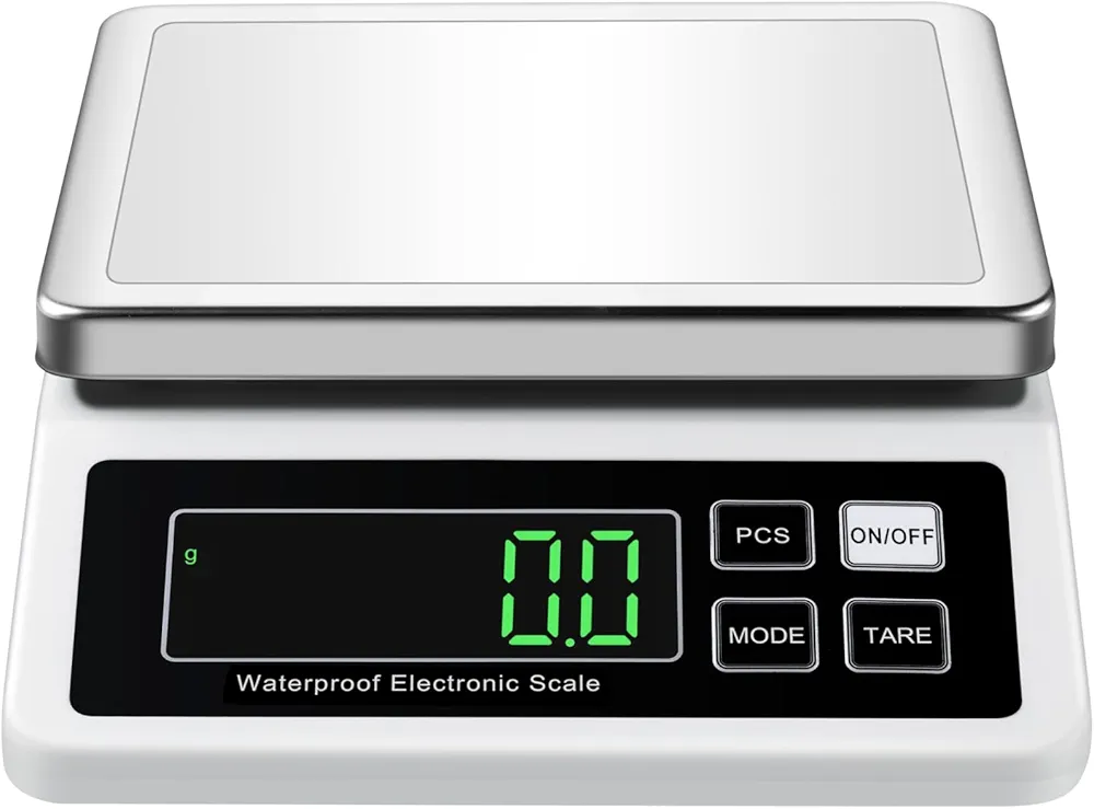 Food Scale 15KG 0.1G Accuracy Digital Kitchen Scale Stainless Steel Rechargeable High Weight Capacity IP67 Waterproof Electric Counting Scale 33LB, USB Charging Cable Included