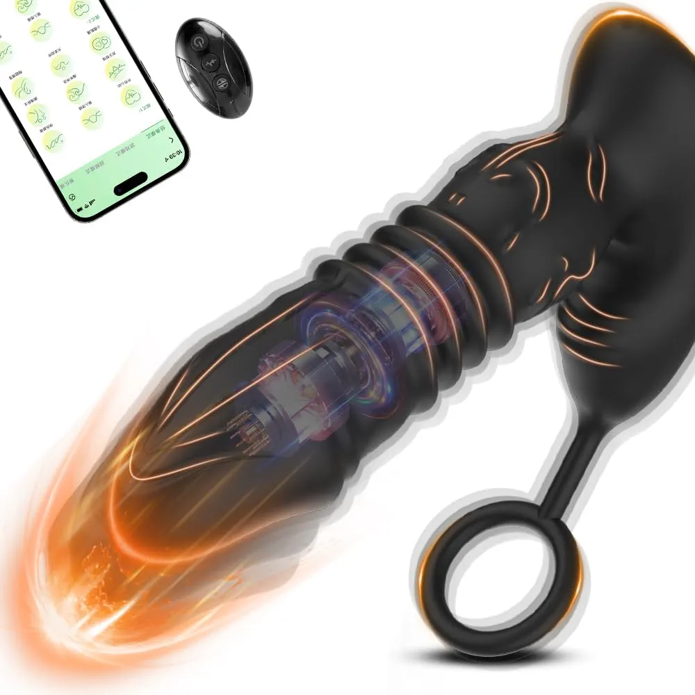 Thrusting Anal Vibrator Prostate Massager, Big Dildo Shaped Butt Plug with Cock Ring for Men P-Spot Stimulation, App&Remote Control Anal Sex Toys with 5 Thrusting & 10 Vibrating for Gay Men Couples