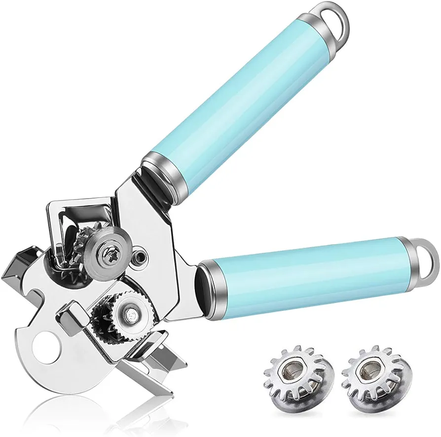 Manual Can Opener, FlyBanboo Upgraded 4 in 1 Multifunction Stainless Steel Heavy Duty Handheld Can Openers with Comfy Grip(sky blue)