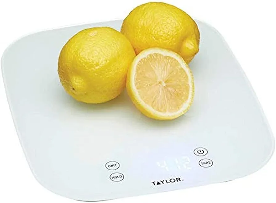 Taylor Pro Digital Kitchen Food Scales, Compact Professional Standard with Precision Accuracy and Waterproof Design with Tare Feature, White Glass, Weighs 14 kg/14 L Capacity