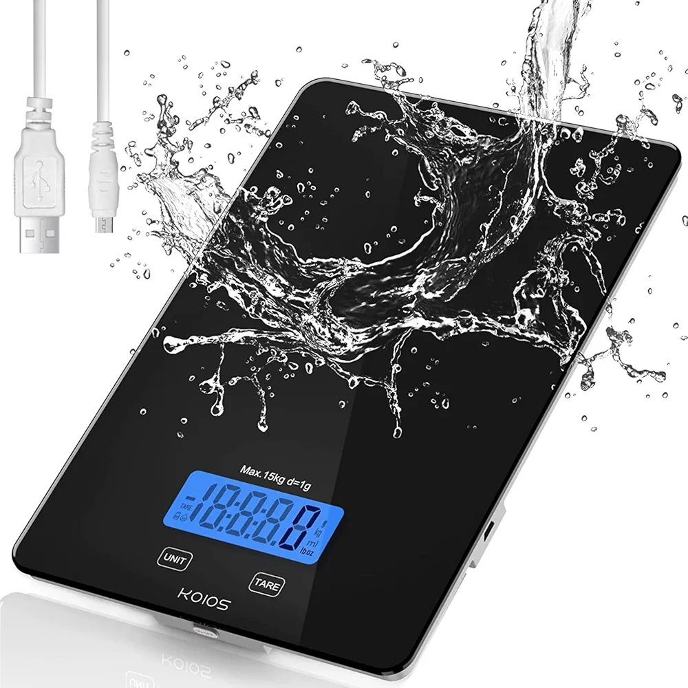 Digital Kitchen Food Scale, Waterproof and USB Rechargeable with 6 Weight Units and Tare Function (Black)